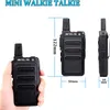 A hand holding a black mini walkie-talkie, with other views of the walkie-talkie and measurement indicators. Produktbild-Vorschau