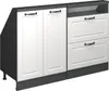 A set of kitchen cabinets with white doors and black countertops. Voir les images du produit