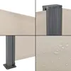 A collage of four close-up images showing details of a beige retractable side awning. Produktbild-Vorschau