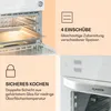 A collage of images showcasing features of a white oven/air fryer. Produktbild-Vorschau