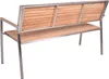 A back view of a three-seater bench with a wooden seat and backrest, supported by a metal frame. Produktbild-Vorschau
