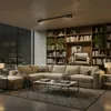 A modern living room with a large sectional sofa, coffee table, and bookshelves. Náhľad obrázku produktu