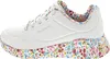 A side view of a white Skechers sneaker with a floral pattern on the sole and interior. Produktbild-Vorschau