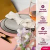 A table setting with plates, napkins, wine glasses, and flowers, with marketing text overlays. Náhled obrázku produktu