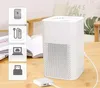 A white air purifier sits on a wooden table, with several icons on the left side of the image illustrating different power sources. Produktbild-Vorschau