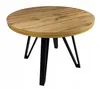 A round, light brown wooden table with black metal legs on a white background. Náhled obrázku produktu