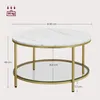 A round coffee table with a marble-like top and gold metal legs, shown with dimensions indicated. Náhled obrázku produktu