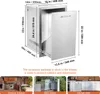 A collage of images showing a stainless steel drawer unit with dimensions labeled, and three smaller images of outdoor kitchen setups. Produktbild-Vorschau
