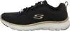 Side view of a black Skechers sneaker with gold accents. Voir les images du produit