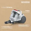 A close-up studio shot of a white and gray bagless cylinder vacuum cleaner with red accents, placed on a textured brown background. Text overlays highlight features. Anteprima dell’immagine prodotto