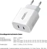 A white dual USB-C power adapter with technical specifications listed below. Produktbild-Vorschau