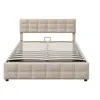 A beige upholstered bed frame with a slatted base, shown from the front. Produktbild-Vorschau