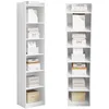 Two white bookshelves filled with various boxes and books, displayed against a white background.
