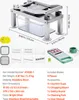 A product shot of a multi-functional vegetable slicer with various attachments and dimensions displayed. Produktbild-Vorschau