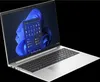 A silver HP EliteBook laptop with a black keyboard and screen displaying the Windows 11 interface, set against a black background. Produktbild-Vorschau