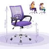 A purple office chair with dimensions indicated by measurement lines and text. Two illustrations of children sitting on similar chairs are shown in the background. Produktbild-Vorschau