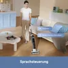 A woman is vacuuming a living room floor with a cordless wet dry vacuum cleaner. There are speech bubbles indicating voice commands. The text "Sprachsteuerung" is at the bottom. Produktbild-Vorschau