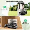 A person holding a carpet cleaner outdoors, and the carpet cleaner stored in a cabinet. Produktbild-Vorschau