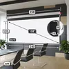 A projection screen is shown in a conference room setting with chairs and a table. Produktbild-Vorschau