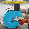 A hydraulic knockout punch is shown in use, with a person wearing an orange glove holding a metal plate. Produktbild-Vorschau