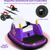 A purple children's bumper car with colorful LED lights and a white seat, shown with diagrams illustrating its features. Náhľad obrázku produktu
