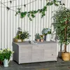 An outdoor storage box with plants and decorative items on top, set against a white wooden fence with string lights and greenery. Náhled obrázku produktu