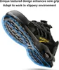 A close-up, angled view of the sole of a black work shoe, highlighting its textured grip pattern with a blue overlay effect. Produktbild-Vorschau