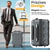 A man in a suit walks through an airport with a suitcase, with close-ups of luggage features. Produktbild-Vorschau