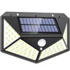 A black solar-powered outdoor light with multiple LED panels and a motion sensor. Voir les images du produit