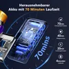 A close-up view of a vacuum cleaner's battery pack with internal components and battery cells illuminated by blue light, set against a dark blue background with circular markings. Produktbild-Vorschau