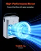 A portable air cooler with glowing blue airflow emanating from it, against a black background. Produktbild-Vorschau