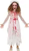 A young girl dressed in a bloody, tattered white dress and veil, styled as a ghost bride for Halloween. Produktbild-Vorschau