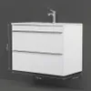 A white bathroom vanity with a faucet against a dark gray wall, with dimensions indicated. Produktbild-Vorschau