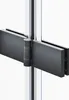 A close-up view of a black hinge connecting two glass panels, likely part of a shower enclosure or bathtub screen. Produktbild-Vorschau