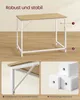 A desk with a wooden top and white metal legs, shown from different angles and with close-ups of its construction. Produktbild-Vorschau