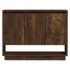 A dark brown wooden sideboard with three doors and an open shelf below. Náhled obrázku produktu