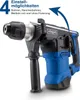 A close-up studio shot of a blue and black rotary hammer drill, with text overlays highlighting its features. Podgląd zdjęcia produktu