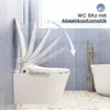 A modern bathroom with a wall-mounted toilet and a bathtub. The toilet seat is shown in motion, indicating its automatic closing feature. Podgląd zdjęcia produktu