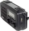 A black POWERplus Ox radio and flashlight with solar panel on top, shown from a diagonal angle against a white background. Produktbild-Vorschau