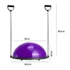 A purple balance ball trainer with black resistance bands and handles, shown on a white background with dimensions indicated. Produktbild-Vorschau