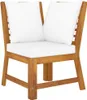 A corner section of a wooden outdoor lounge chair with white cushions. Produktbild-Vorschau