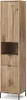 A tall, narrow cabinet with a wood-grain finish and fluted doors and drawers, standing on thin black legs. Náhled obrázku produktu