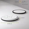 Two round LED lights are shown on a light gray and white surface. One light is in the foreground, and the other is in the background. Text and dimensions are overlaid on the image. Produktbild-Vorschau