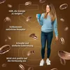 A woman holding a blue cup of coffee, surrounded by floating coffee beans and marketing text. Podgląd zdjęcia produktu