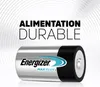A single Energizer battery is shown against a white and gray background with concentric circles. Text is overlaid on the image. Voir les images du produit
