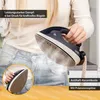 A person is holding a steam iron over a pair of jeans, demonstrating its use. Produktbild-Vorschau