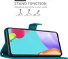 A teal phone case is shown open, displaying a smartphone screen with a colorful abstract image. Above the phone case, there are illustrations of different stand functions for the case. Voir les images du produit