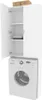 A white washing machine cabinet with two doors, one open, standing on top of a white washing machine. Produktbild-Vorschau