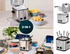 A collage of images showing a silver mini deep fryer and fondue pot in different settings, including one with french fries and chicken nuggets, and another set up for a fondue meal. Produktbild-Vorschau