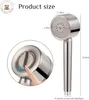 A product size chart for a shower head, showing dimensions and a close-up of a finger adjusting a setting. Produktbild-Vorschau